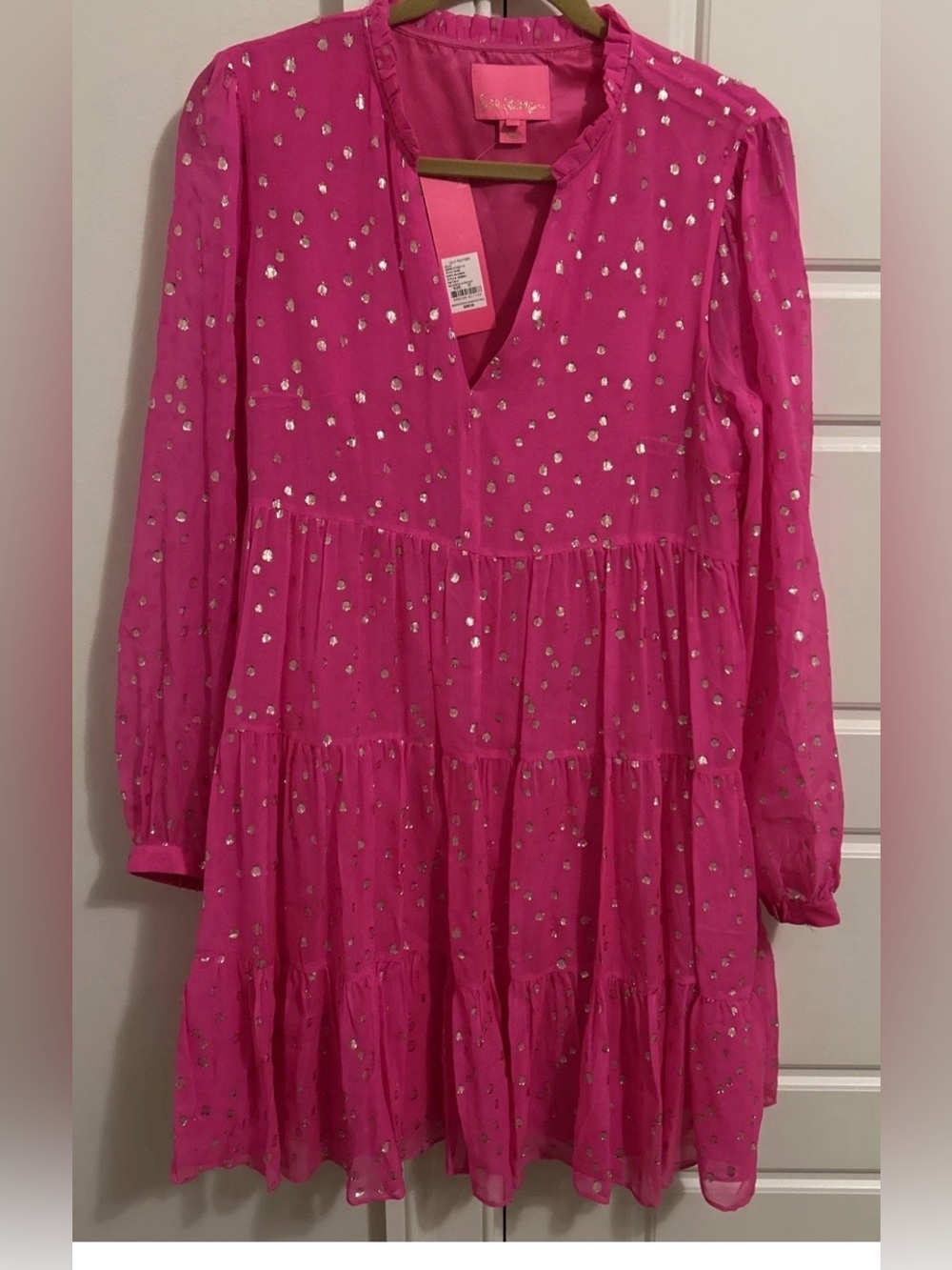 Lilly Pulitzer Hot Pink Tiered Dress with Silver Foil Dots